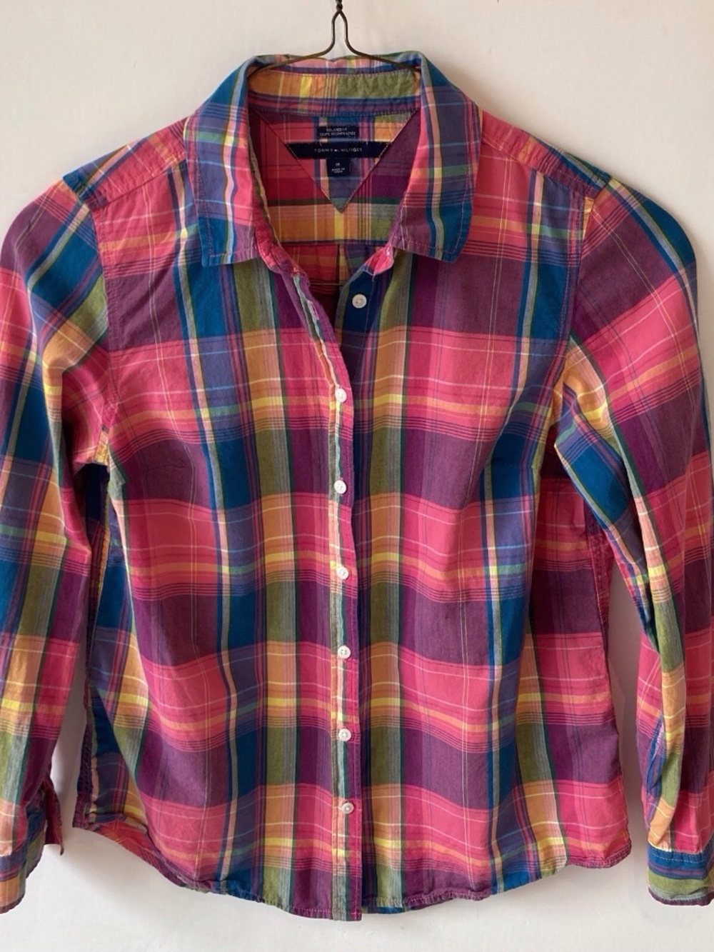 Tommy Hilfiger Womens Button Down Madras Plaid Shirt Size M, 100% Cotton